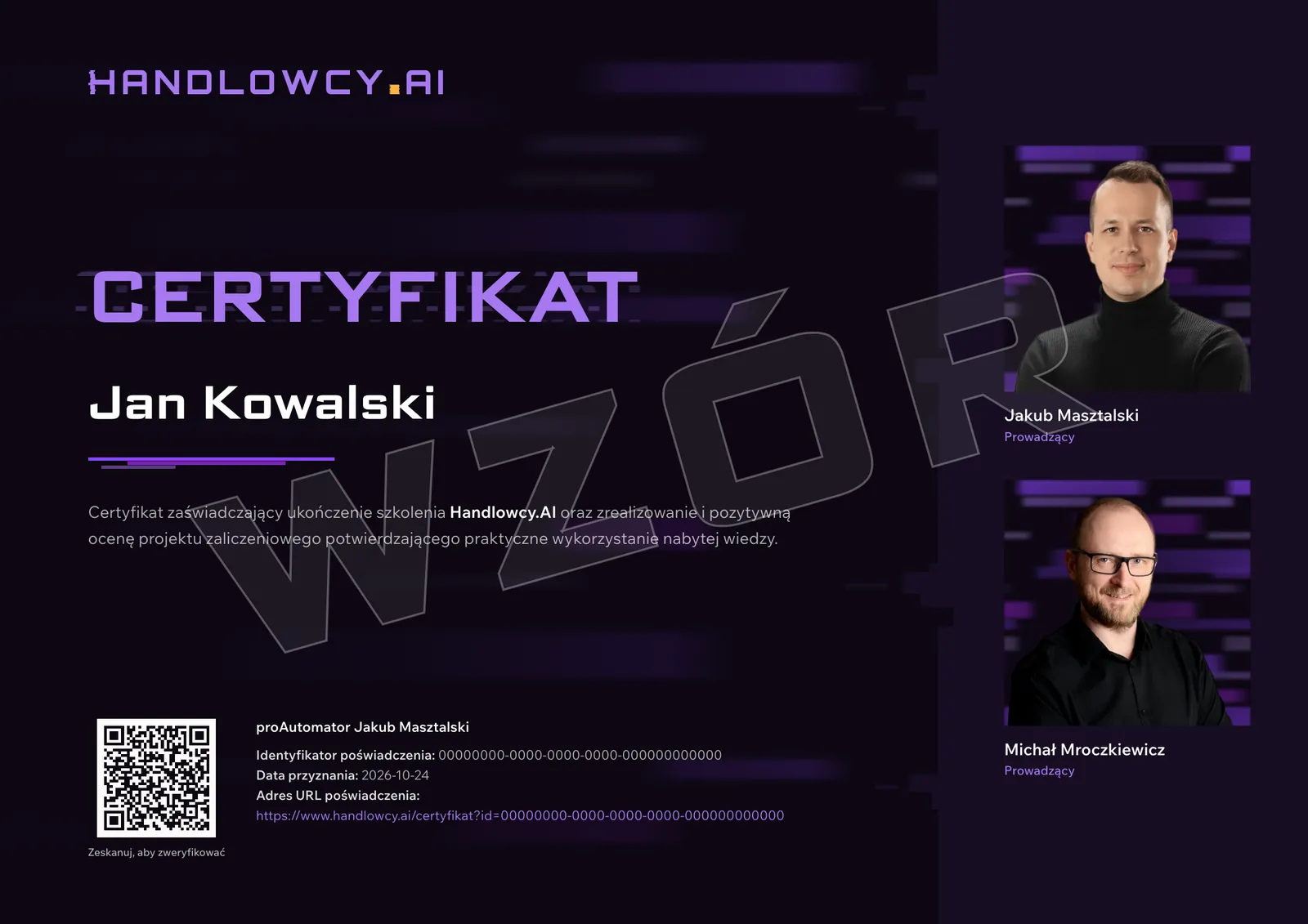 Wzór certyfikatu Handlowcy.AI: imię i nazwisko uczestnika, opis szkolenia, prowadzący, identyfikator poświadczenia, data przyznania i kod QR do weryfikacji